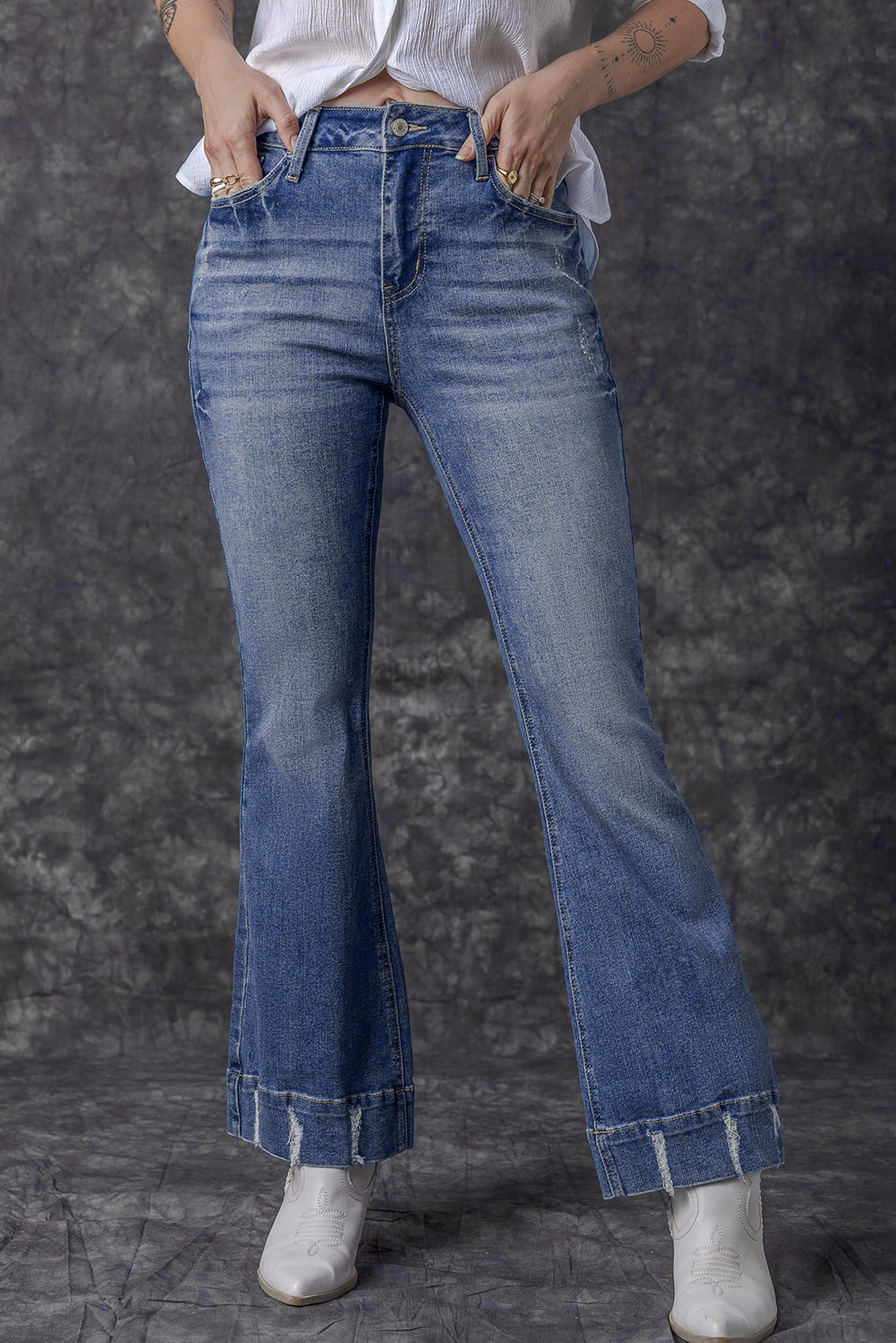 Sky Blue Slight Distressed Medium Wash Flare Jeans Jeans JT's Designer Fashion