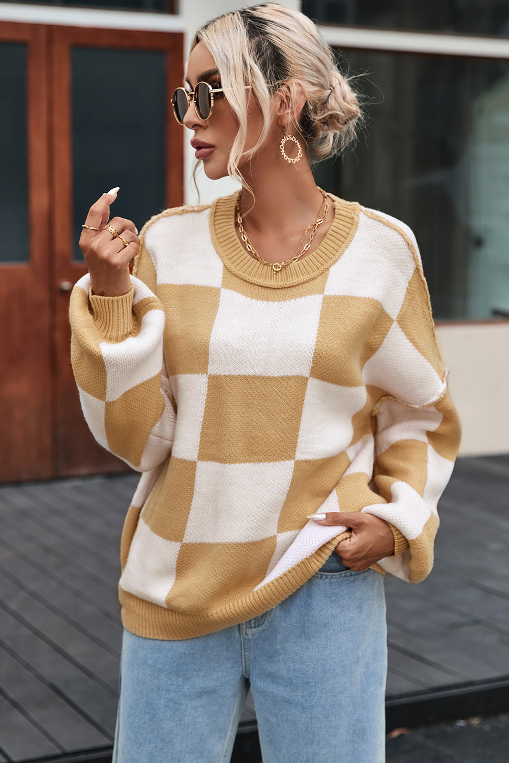 Khaki Checkered Bishop Sleeve Sweater Sweaters & Cardigans JT's Designer Fashion