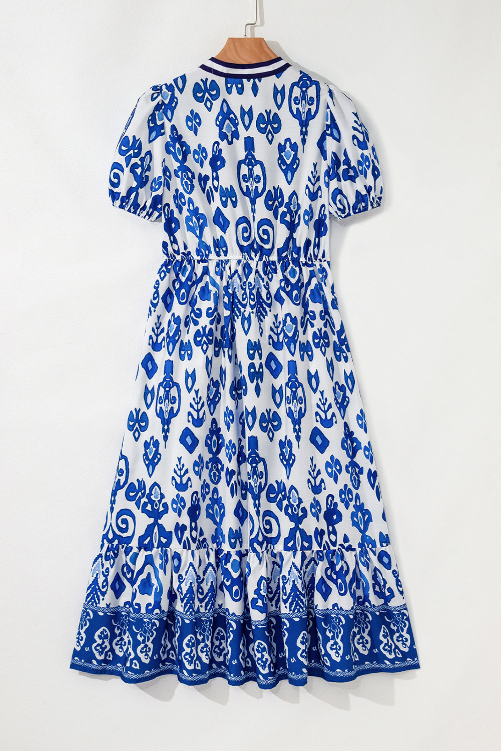 Blue Floral Puff Short Sleeve V Neck High Waist Maxi Dress Floral Dresses JT's Designer Fashion