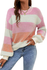Pink Colorblock Textured Knit Bubble Sleeve Sweater Sweaters JT's Designer Fashion