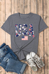 Gray Blooming USA Flag Print Casual T Shirt Graphic Tees JT's Designer Fashion
