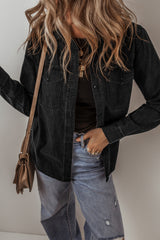Black Flap Pocket Buttons Collared Jean Jacket Denim Jackets JT's Designer Fashion