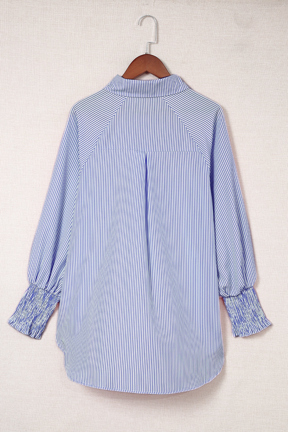 Blue Stripe Smocked Cuffed Striped Boyfriend Shirt with Pocket Blouses & Shirts JT's Designer Fashion
