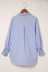 Blue Stripe Smocked Cuffed Striped Boyfriend Shirt with Pocket Blouses & Shirts JT's Designer Fashion