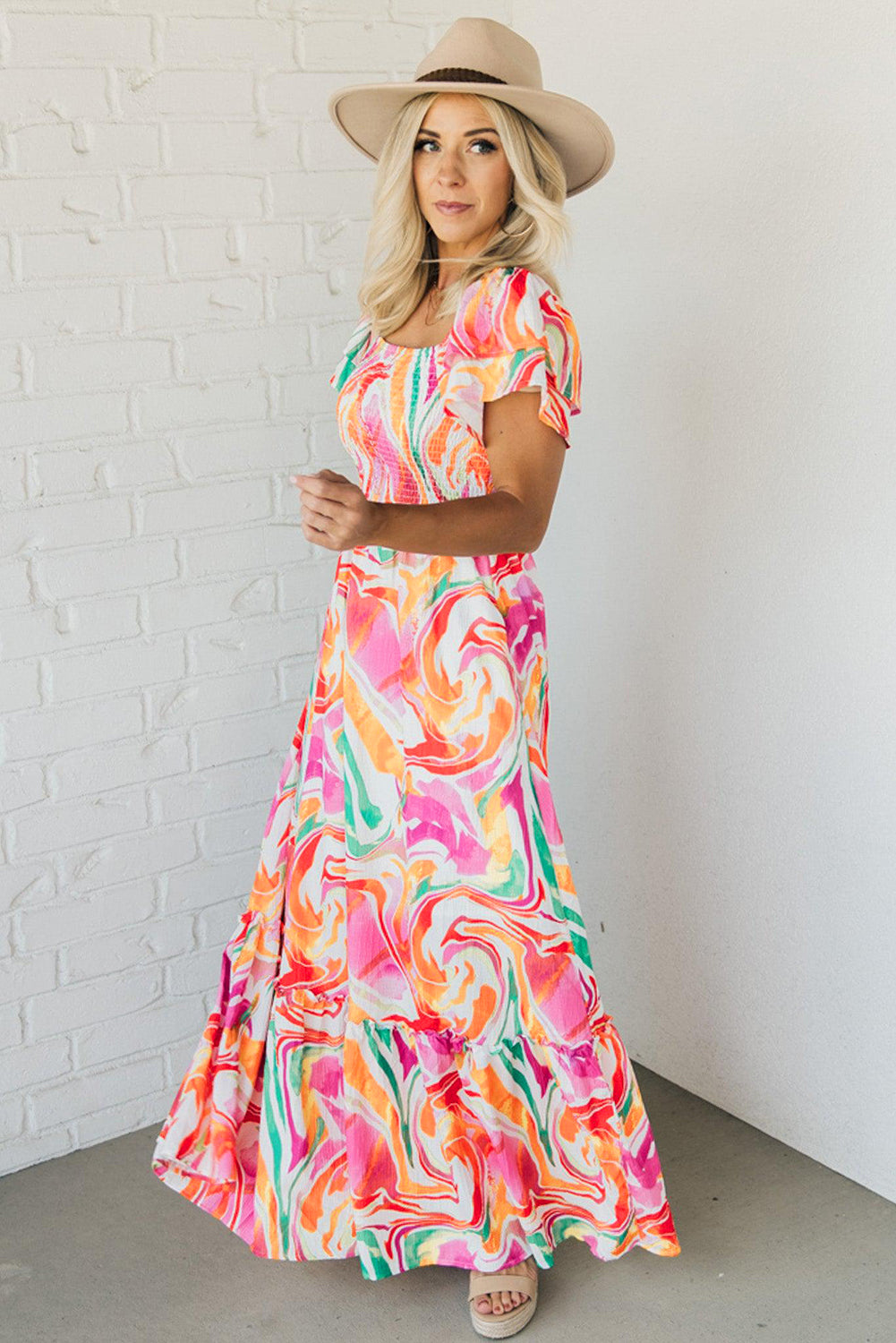 Pink Abstract Print Ruffled Sleeve Smocked Bust Long Dress Maxi Dresses JT's Designer Fashion