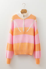 Orange Stripe Colorblock Half Zip Oversize Sweater Sweaters JT's Designer Fashion
