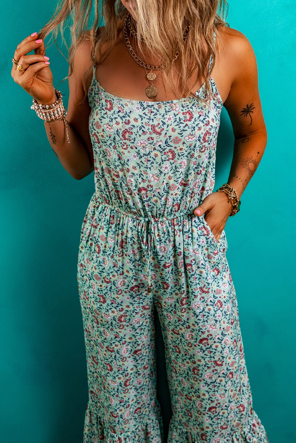 Green Bohemian Floral Ruffle Bottom Spaghetti Strap Jumpsuit Jumpsuits & Rompers JT's Designer Fashion