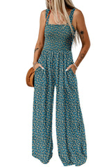 Green Floral Print Smocked High Waist Square Neck Jumpsuit Dresses JT's Designer Fashion