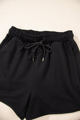 Black Textured Half Zip Kangaroo Pocket Top Drawstring Shorts Set Short Sets JT's Designer Fashion