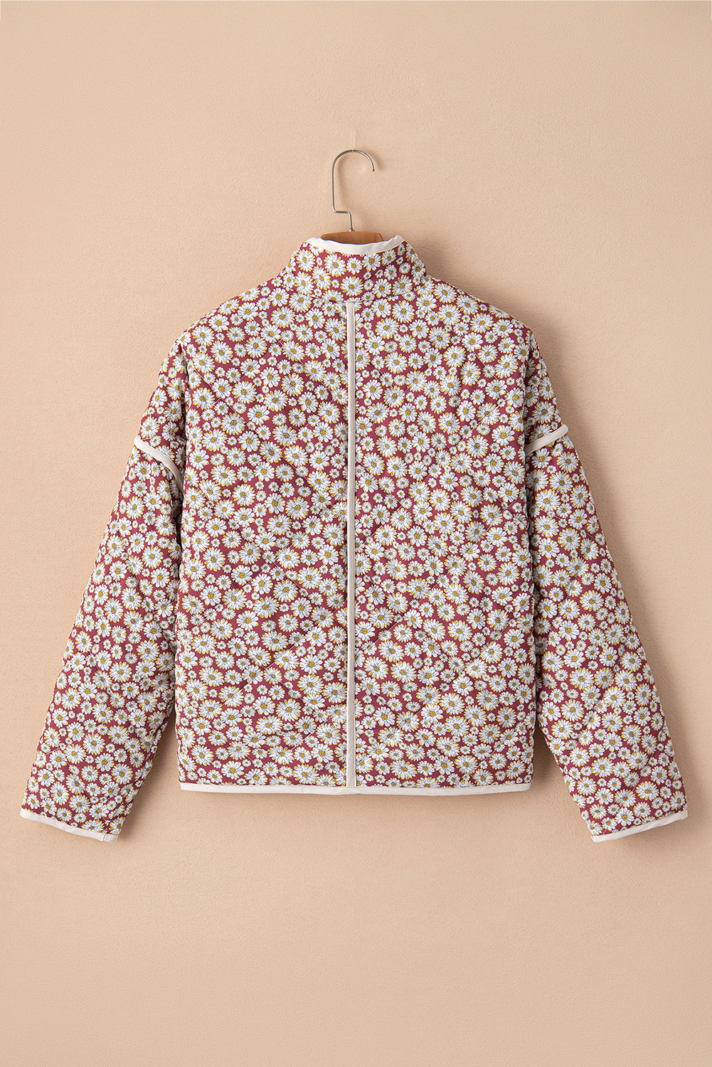 Pink Floral Print Contrast Edge Pocketed Stand Neck Jacket Jackets JT's Designer Fashion