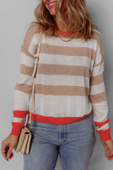 Apricot Colorblock Striped Round Neck Drop Shoulder Sweater Sweaters JT's Designer Fashion