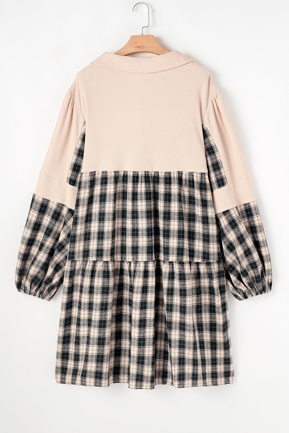 Black Plaid Waffle Knit Patchwork Collared V Neck Plus Size Mini Dress Plus Size Mini Dresses JT's Designer Fashion
