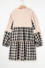 Black Plaid Waffle Knit Patchwork Collared V Neck Plus Size Mini Dress Plus Size Mini Dresses JT's Designer Fashion