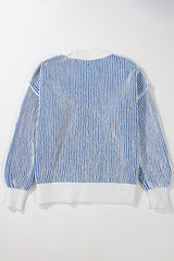 Dark Blue Striped Textured Knit Contrast Edge Loose Sweater Sweaters JT's Designer Fashion