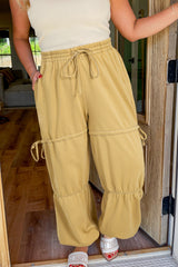 Beige Drawstring Adjusted Band High Waist Plus Size Pants Plus Size Bottoms JT's Designer Fashion