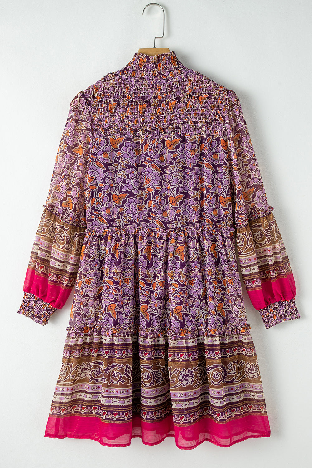 Purple Floral Smocked Puff Sleeve High Neck Mini Dress Floral Dresses JT's Designer Fashion