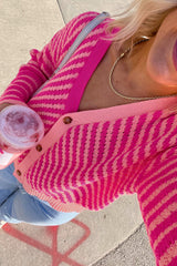 Pink Striped Buttoned V Neck Drop Shoulder Cardigan Cardigans JT's Designer Fashion