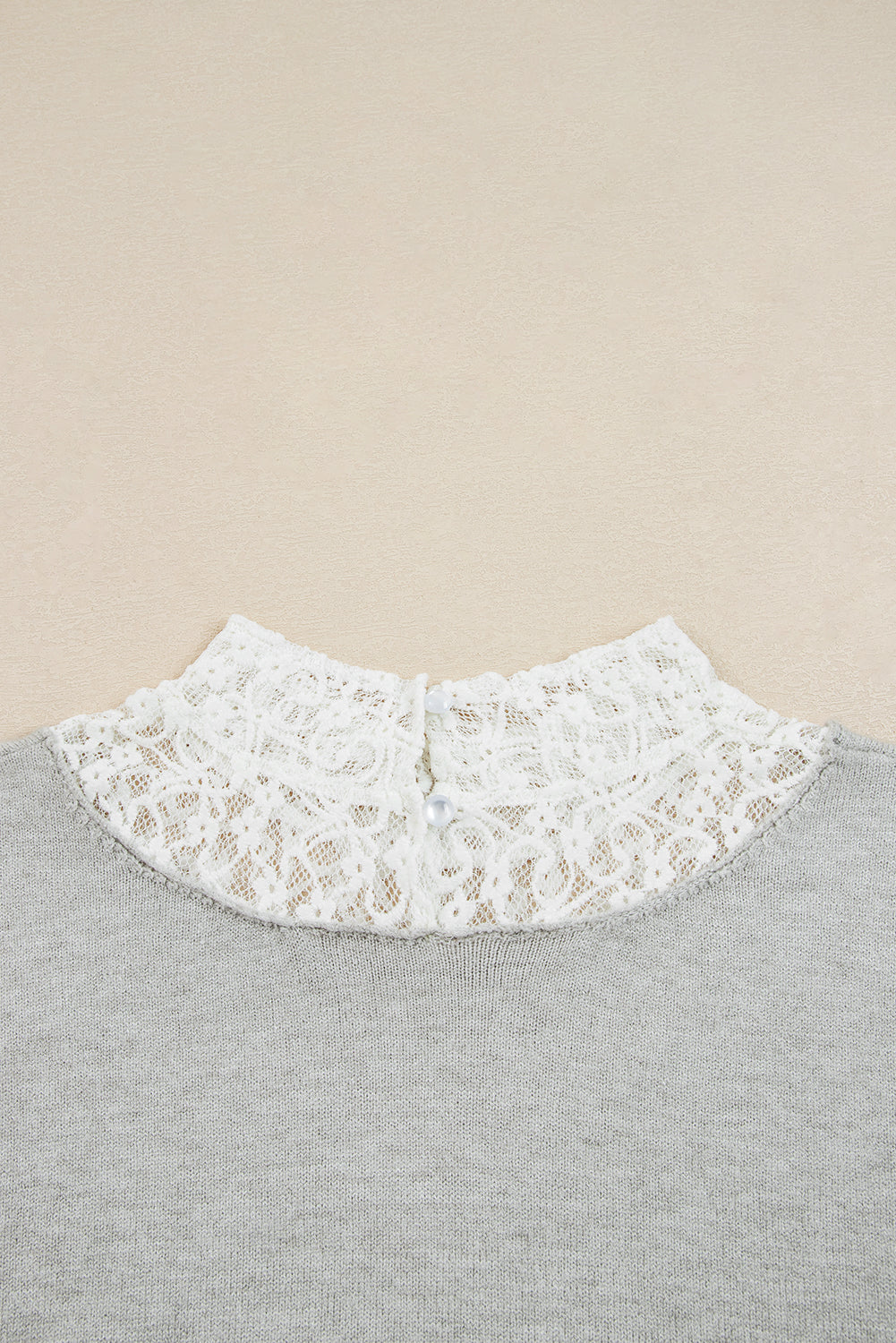 Light Grey Button Keyhole Lace Patchwork Drop Shoulder Sweater Sweaters JT's Designer Fashion