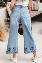 Dusk Blue Embroidered Cropped Wide Leg High Waist Jeans Jeans JT's Designer Fashion