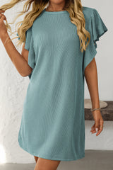Canton Corded Ruffle Sleeve Crew Neck Shift Dress Mini Dresses JT's Designer Fashion