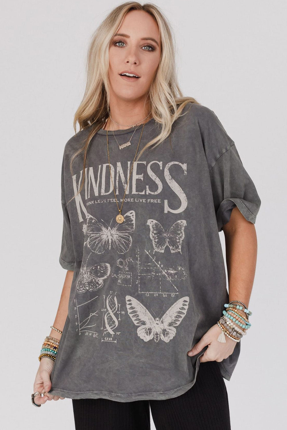 Dark Grey Kindness Butterflies Graphic Mineral Wash Loose Tee Graphic Tees JT's Designer Fashion