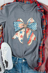 Gray US Flag Bow Print Round Neck Loose T Shirt Graphic Tees JT's Designer Fashion