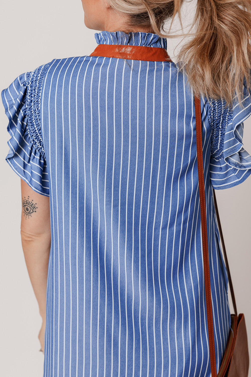 Sky Blue Stripe Frilly Split Neck Shirred Ruffle Sleeve Short Shift Dress Mini Dresses JT's Designer Fashion