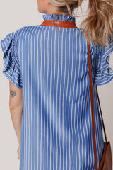 Sky Blue Stripe Frilly Split Neck Shirred Ruffle Sleeve Short Shift Dress Mini Dresses JT's Designer Fashion