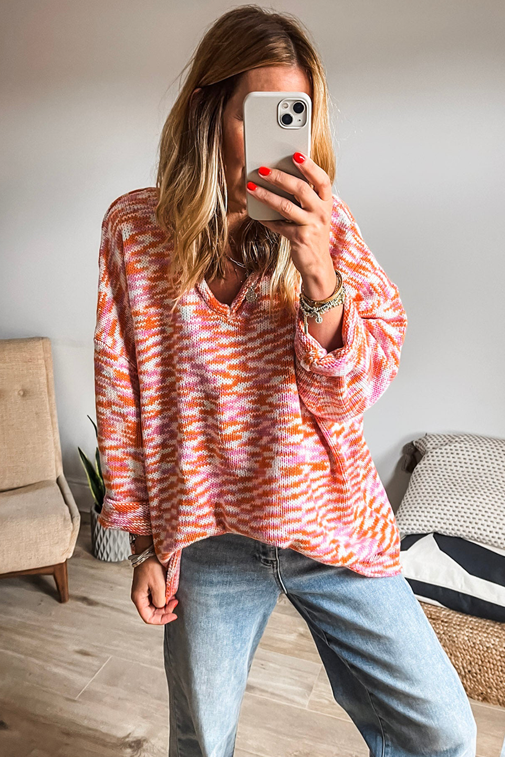 Orange Vibrant Abstract Print Drop Shoulder V Neck Tunic Oversized Sweater Sweaters JT's Designer Fashion