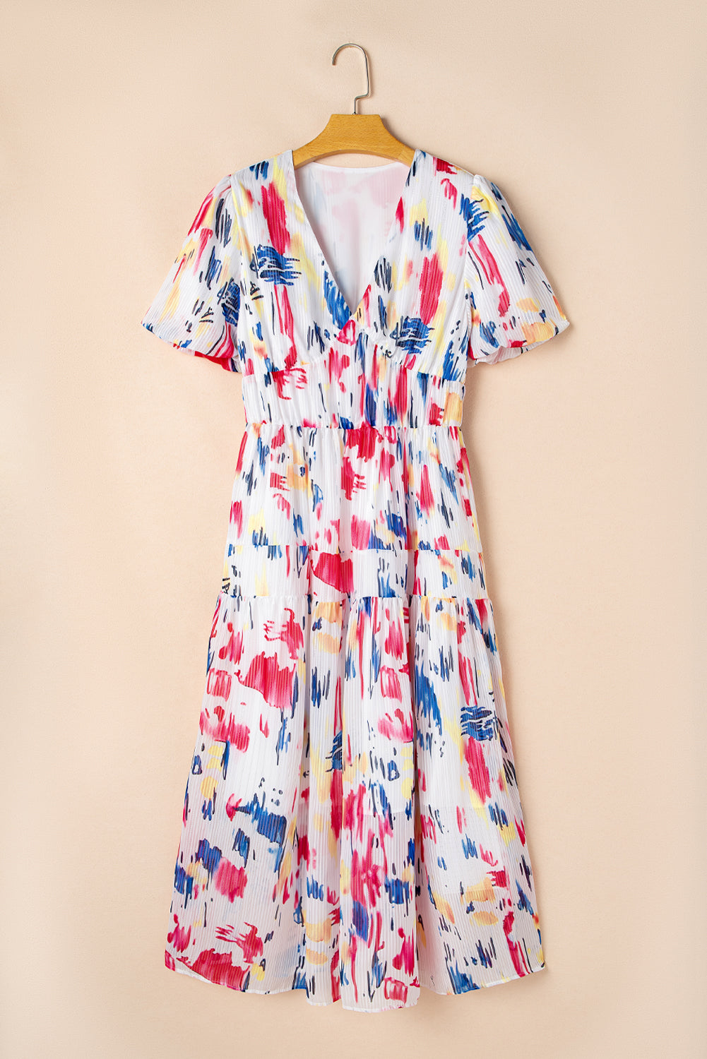 Rose Abstract Print Short Puff Sleeve Tiered Long Dress Maxi Dresses JT's Designer Fashion