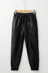 Black Faux Leather Ankle Smocked Waist Drawstring Joggers Pants & Culotte JT's Designer Fashion