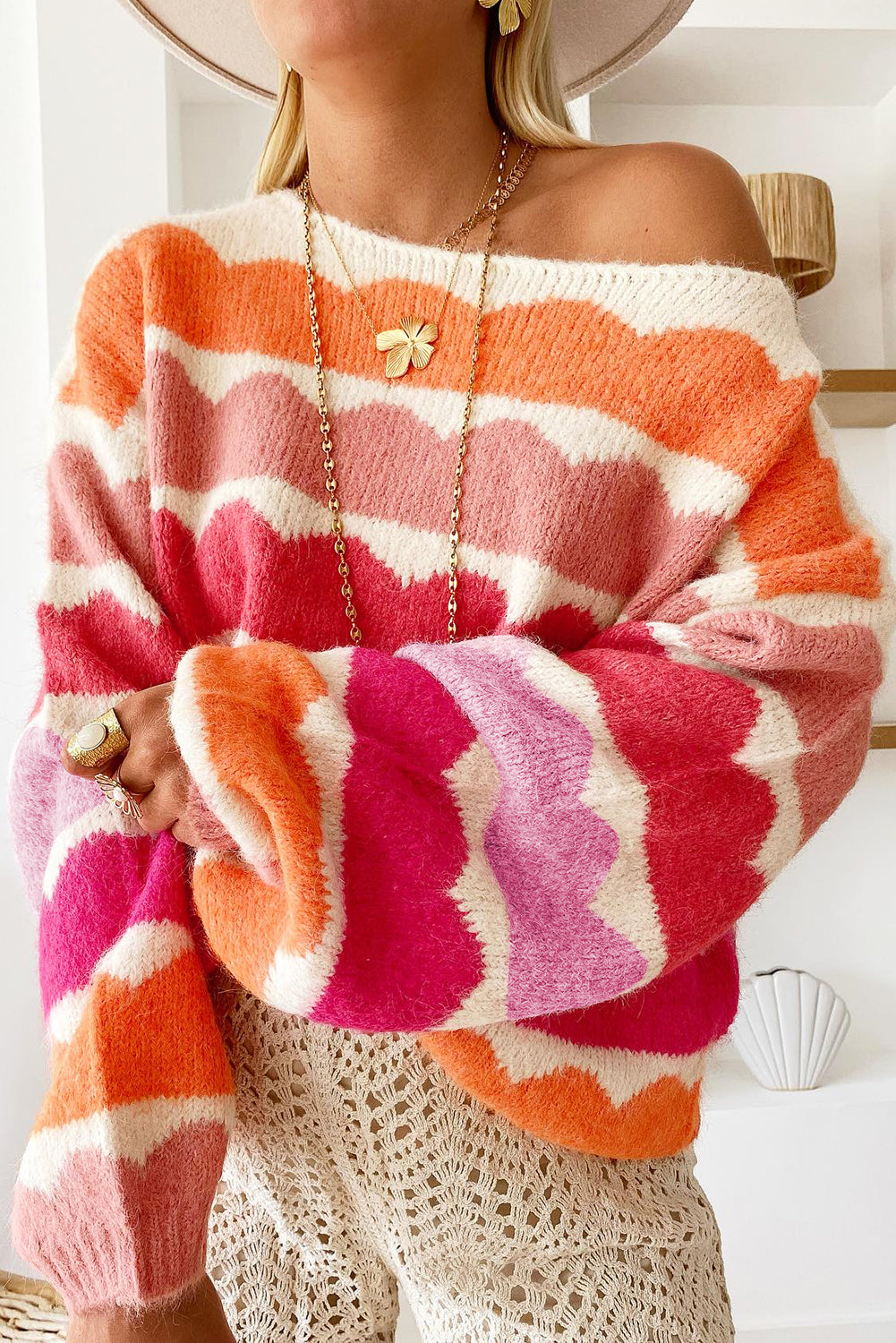 Rose Red Wave Striped Balloon Sleeve Drop Shoulder Sweater Rose Red 42%Acrylic+30%Polyester+28%Polyamide Sweaters JT's Designer Fashion