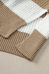 Light French Beige Colorblock Striped Drop Shoulder Side Slit Sweater Sweaters JT's Designer Fashion