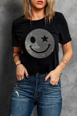 Black Sparkle Rhinestone Smile Face Graphic T Shirt Graphic Tees JT's Designer Fashion