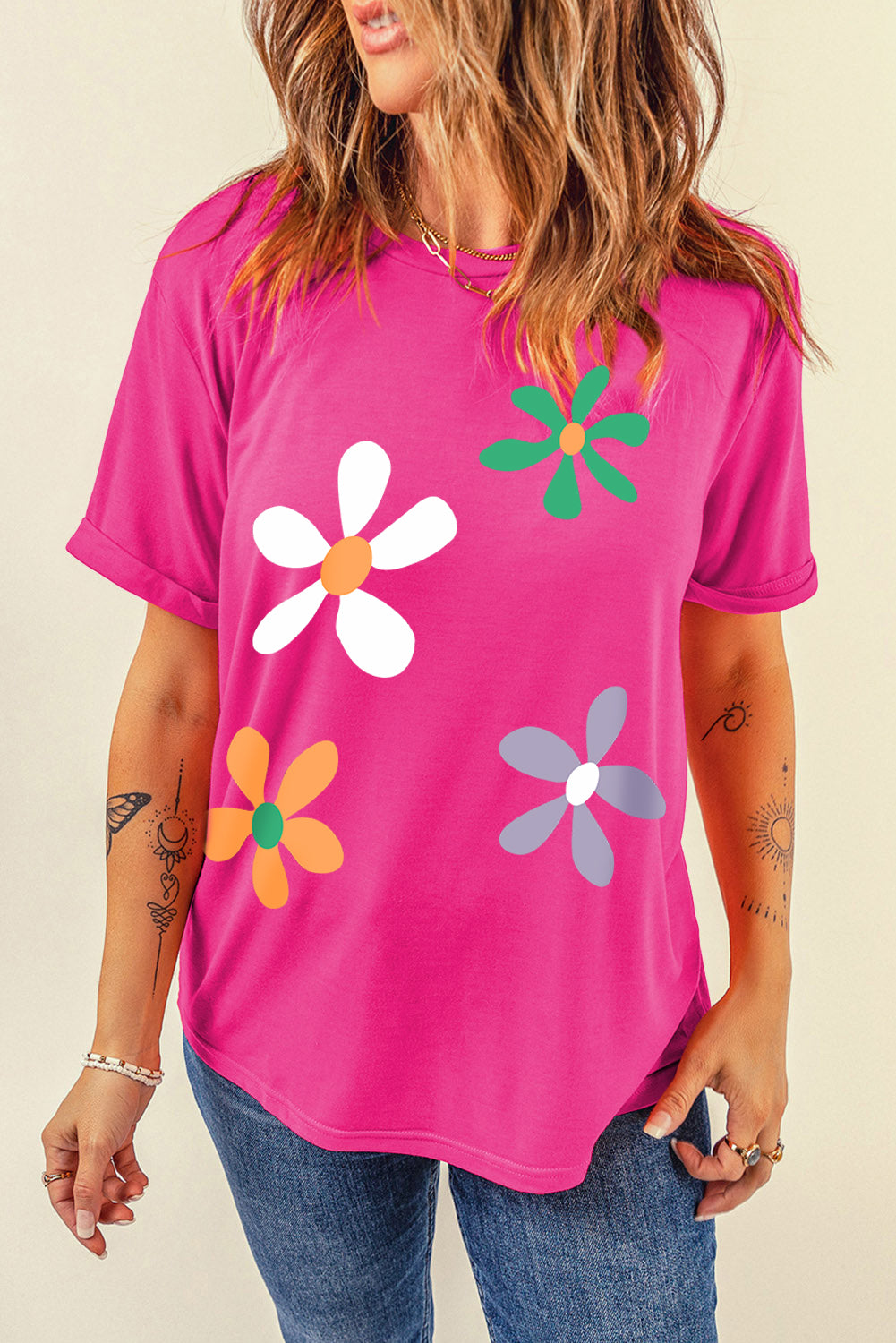 Rose Red Summer Flower Print Fashion Cotton Tee Graphic Tees JT's Designer Fashion