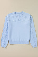 Beau Blue Flower Detail Knitted Notched Neck Sweater Sweaters JT's Designer Fashion