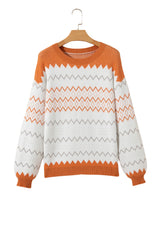 Khaki Zigzag Geometric Pattern Knitted Pullover Sweater Sweaters JT's Designer Fashion