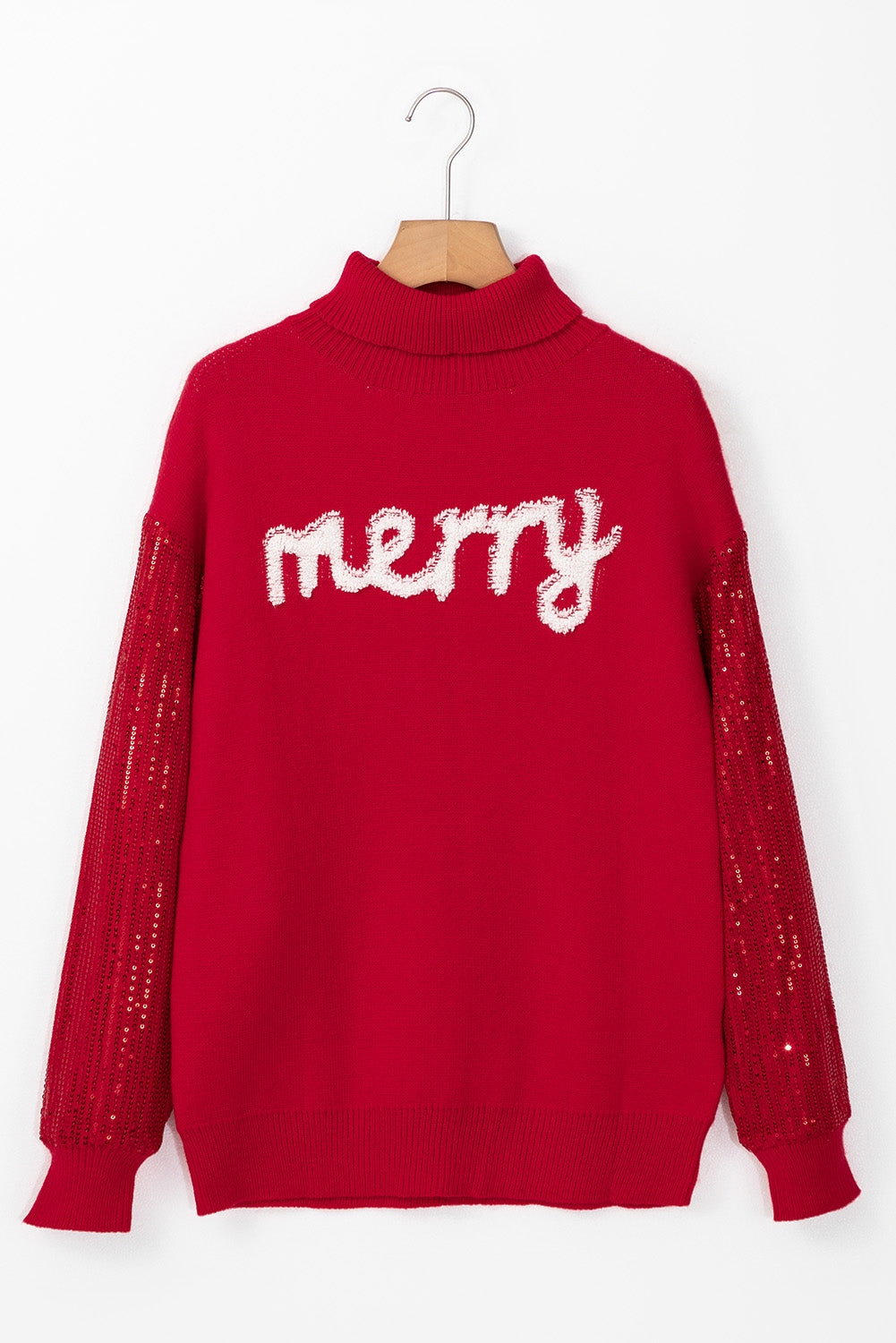 Racing Red Merry Graphic Sequin Sleeve Turtleneck Sweater Sweaters JT's Designer Fashion