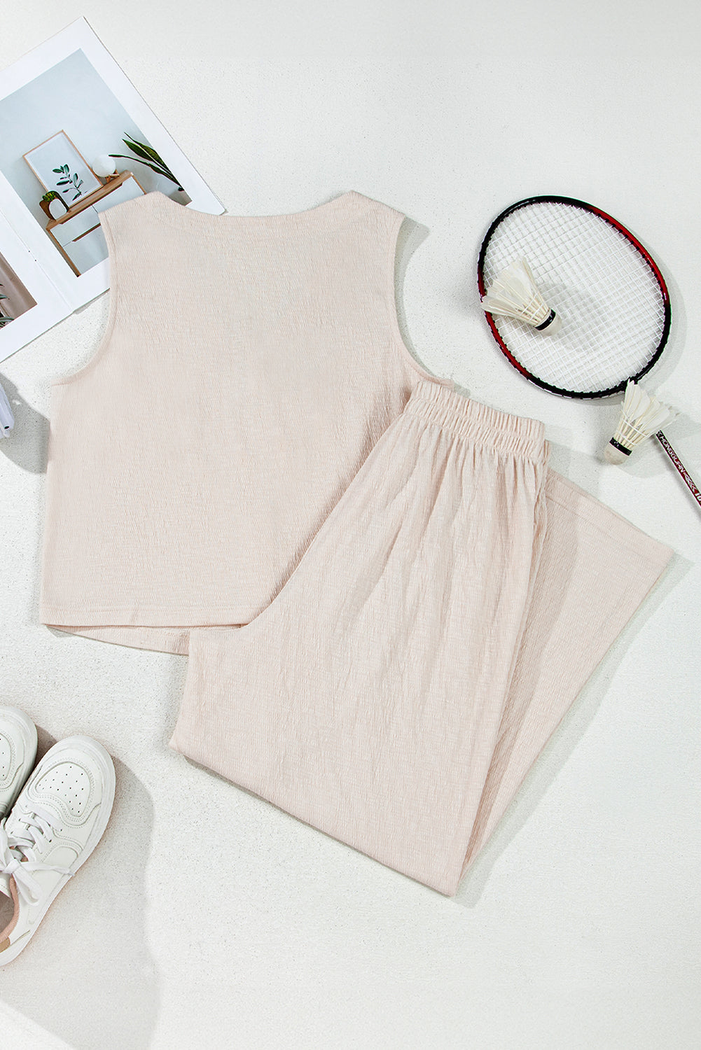 Apricot Buttoned V Neck Tank Top and Wide Leg Pants Casual Outfit Pant Sets JT's Designer Fashion