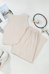 Apricot Buttoned V Neck Tank Top and Wide Leg Pants Casual Outfit Pant Sets JT's Designer Fashion