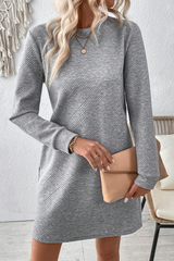 Gray Solid Color Textured Long Sleeve Shift Dress Mini Dresses JT's Designer Fashion