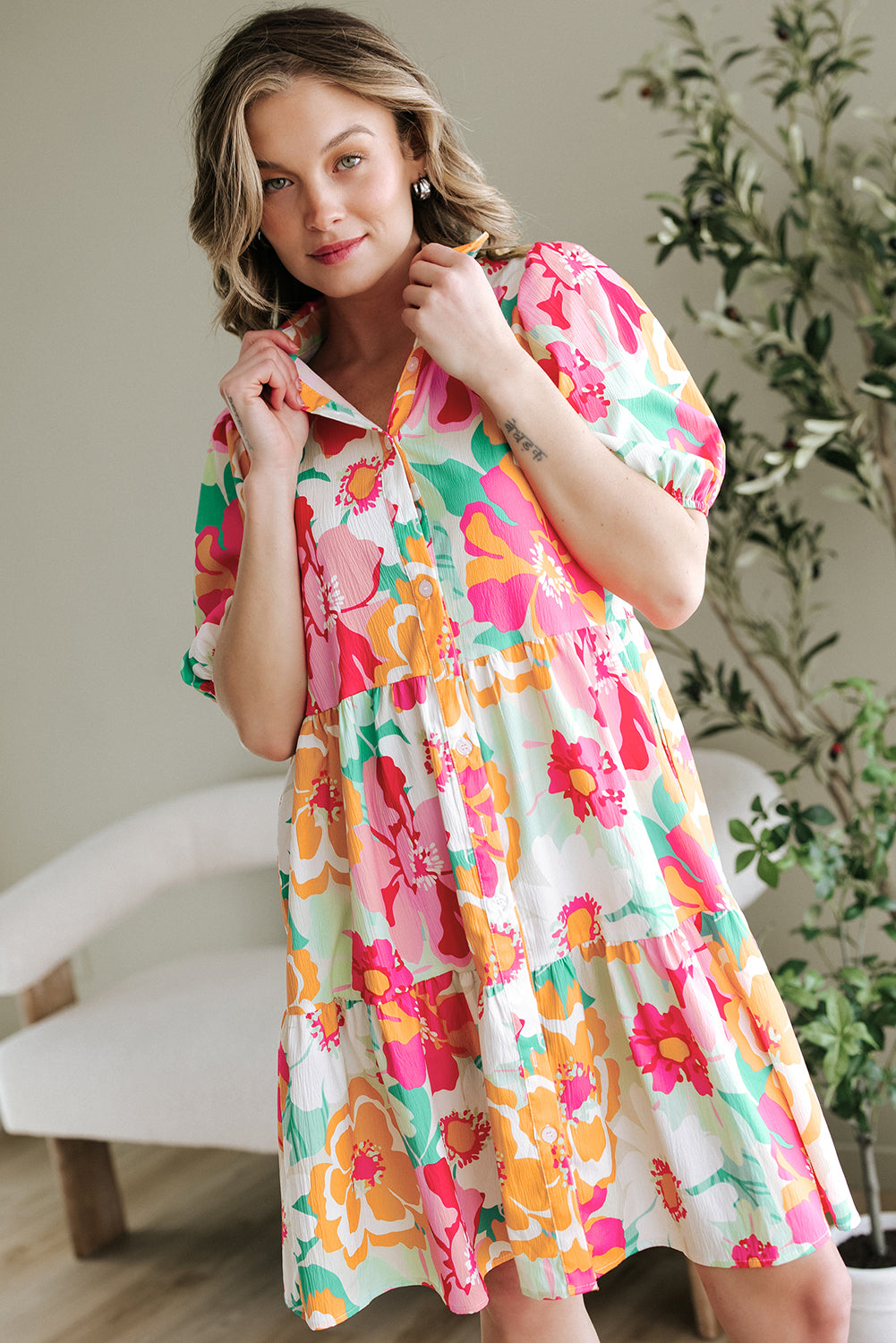 Pink Floral Puff Sleeve Collar Buttoned Babydoll Dress Floral Dresses JT's Designer Fashion