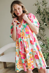 Pink Floral Puff Sleeve Collar Buttoned Babydoll Dress Floral Dresses JT's Designer Fashion