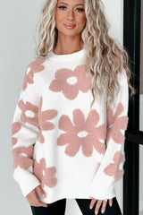 White Textured Flower Drop Shoulder Loose Sweater Sweaters JT's Designer Fashion