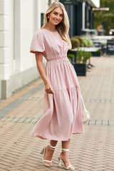 Pink Puff Sleeve Pleated High Waist Flowy Long Dress Maxi Dresses JT's Designer Fashion