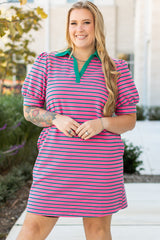 Rose Stripe Collared V Neck Puff Sleeve Shift T Shirt Dress with Pockets Rose Stripe 95%Cotton+5%Elastane Plus Size Mini Dresses JT's Designer Fashion