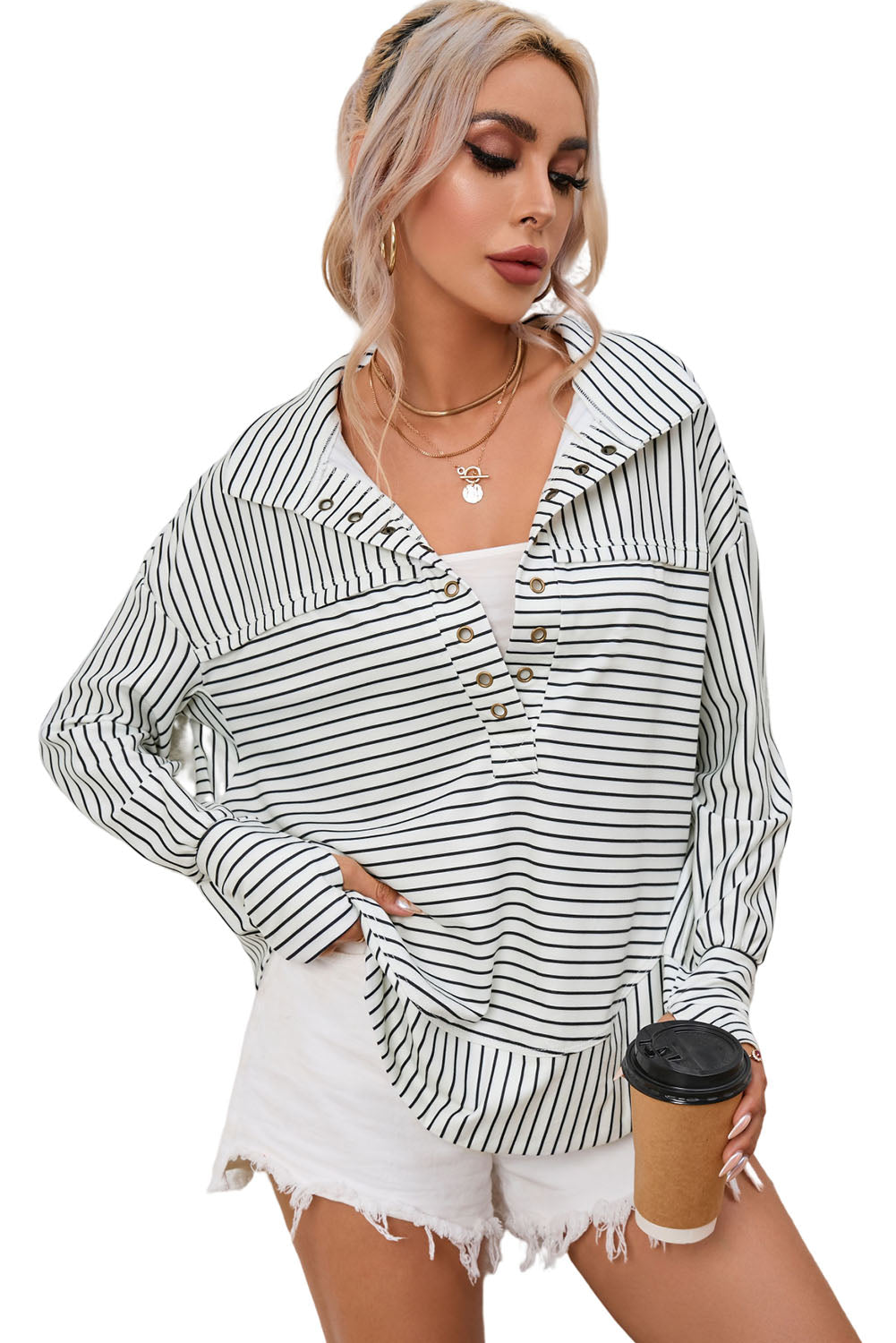 White Striped Thumbhole Drop Shoulder V Neck Top Long Sleeve Tops JT's Designer Fashion