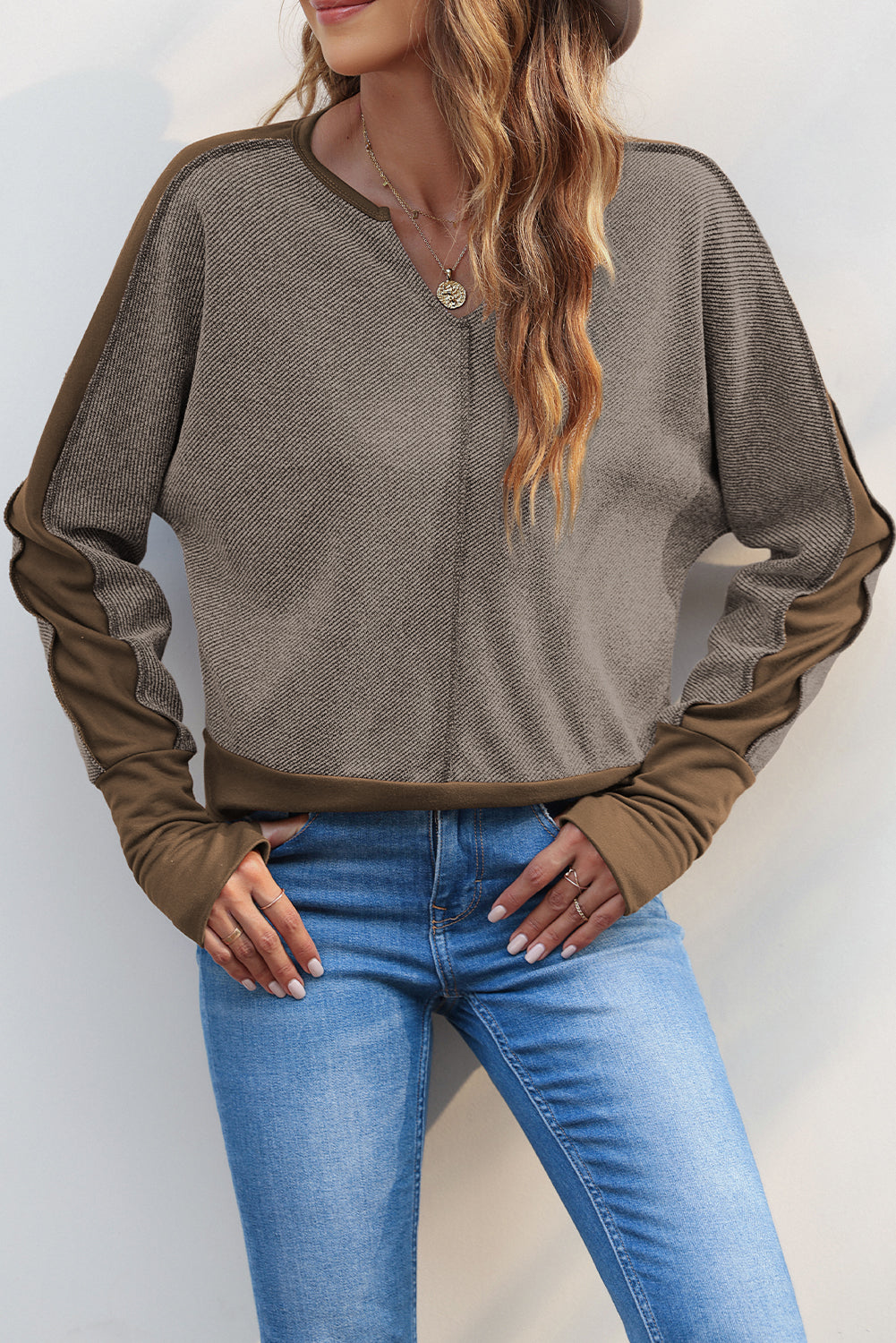 Brown Contrast Patchwork Thumbhole Sleeve Top Long Sleeve Tops JT's Designer Fashion