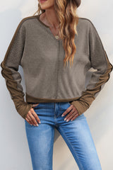 Brown Contrast Patchwork Thumbhole Sleeve Top Long Sleeve Tops JT's Designer Fashion