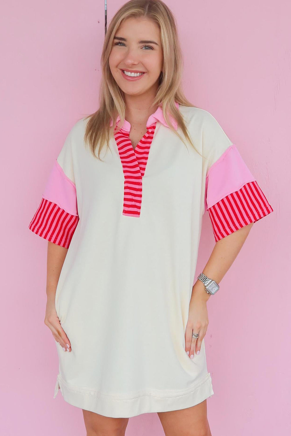 White Stripe Colorblock Short Sleeve Collared Mini Dress Dresses JT's Designer Fashion